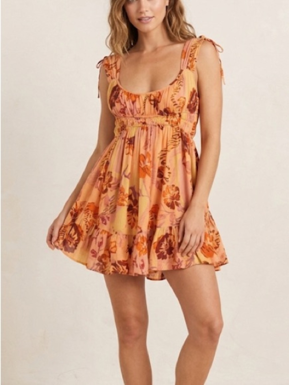 Free People Vernon Mini Dress Sunshine Size Large New Orange Brown Floral Smock